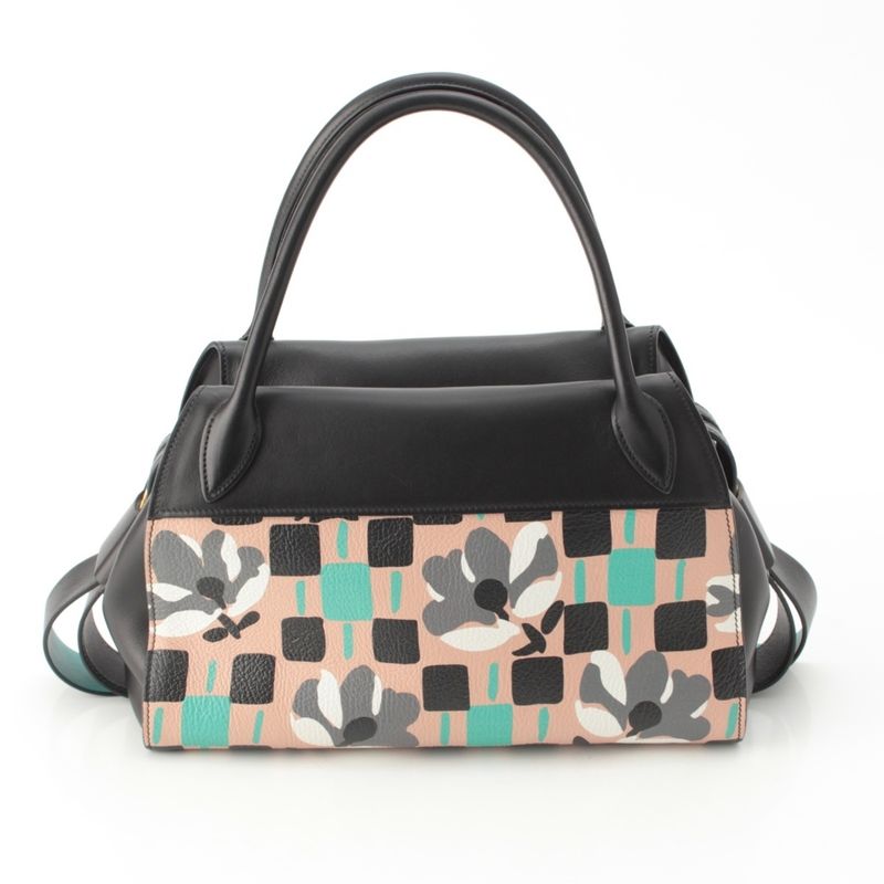 Prada Madras Leather Logo Flower Bow Ring 2-Way Shoulder Handbag Multicolor