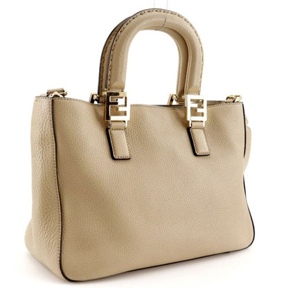 Fendi FF Tote Small 2-Way Shoulder Calf Beige Handbag