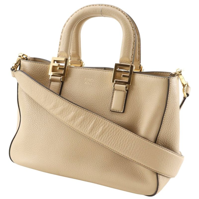 Fendi FF Tote Small 2-Way Shoulder Calf Beige Handbag
