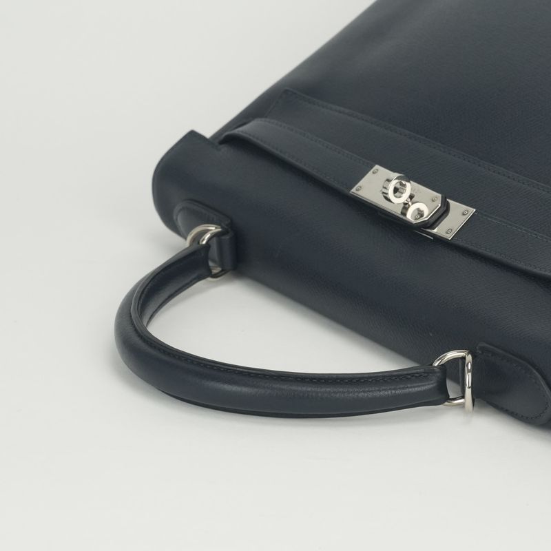 Hermes Kelly 32 Tote Shoulder Bag Blue Indigo Navy Silver Veau Epsom