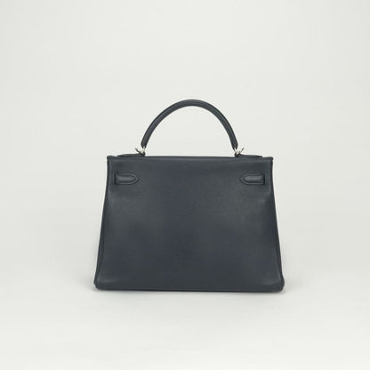 Hermes Kelly 32 Tote Shoulder Bag Blue Indigo Navy Silver Veau Epsom