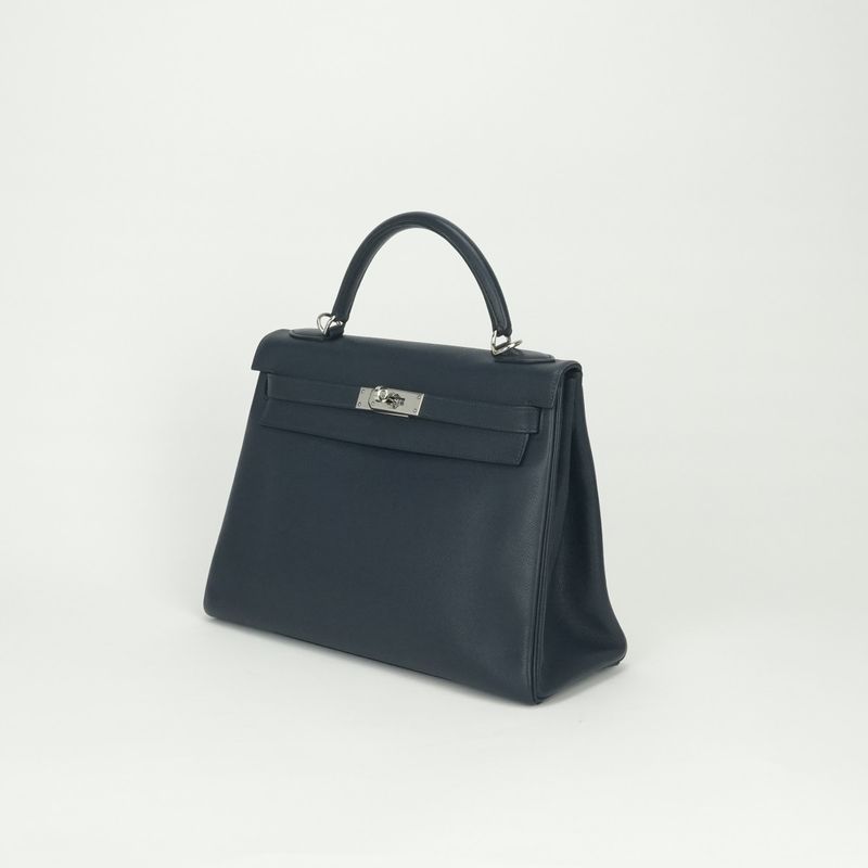Hermes Kelly 32 Tote Shoulder Bag Blue Indigo Navy Silver Veau Epsom
