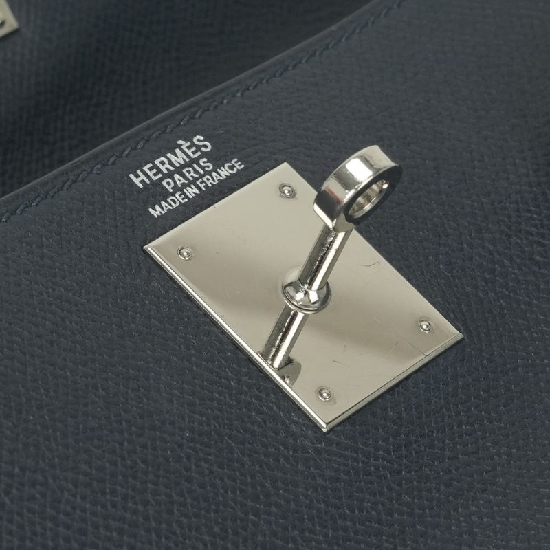 Hermes Kelly 32 Tote Shoulder Bag Blue Indigo Navy Silver Veau Epsom