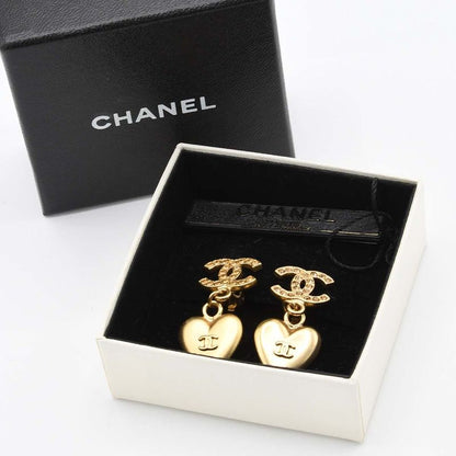 Chanel Earrings Heart Line Stone CC Logo 02 P Gold