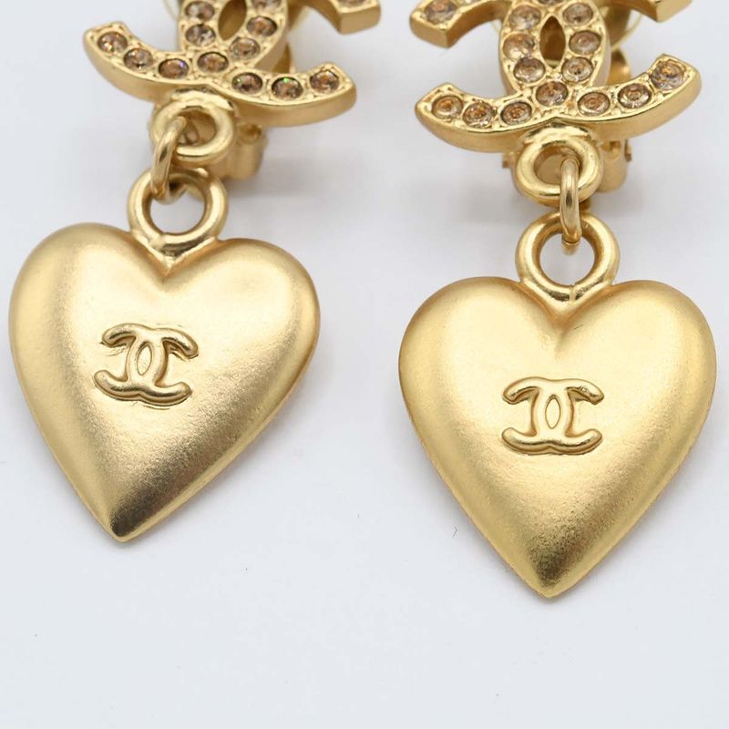 Chanel Earrings Heart Line Stone CC Logo 02 P Gold