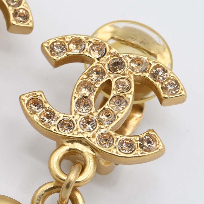 Chanel Earrings Heart Line Stone CC Logo 02 P Gold