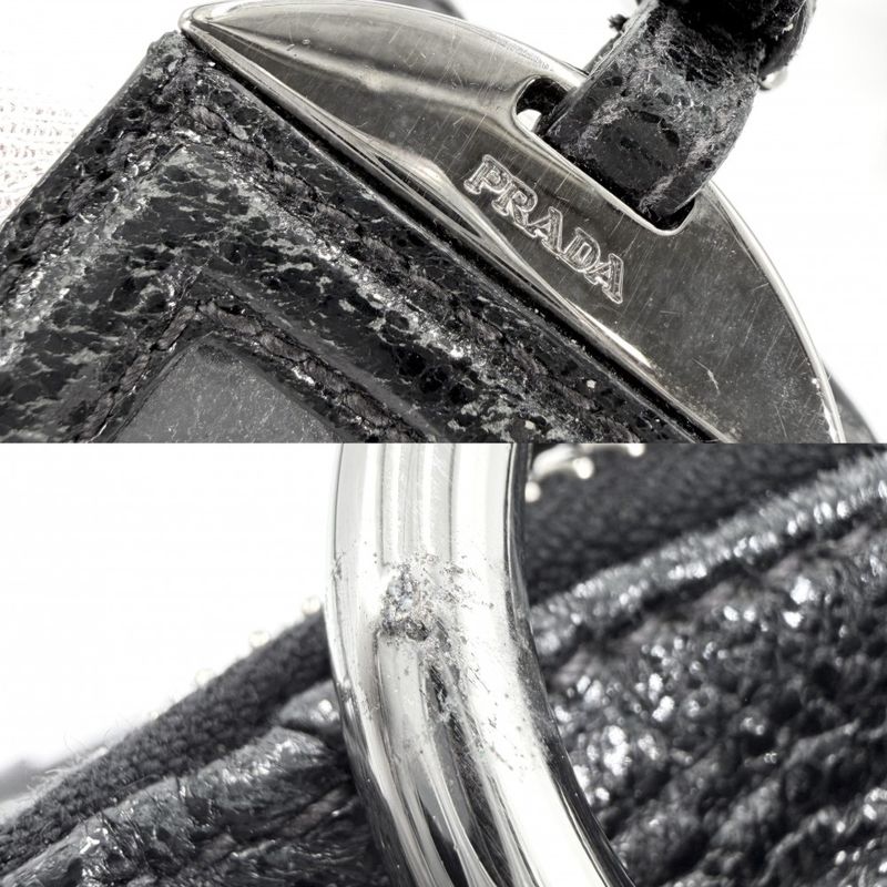 Prada Handbag Tote Shoulder Leather Black Silver