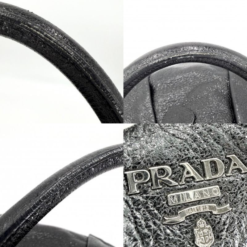Prada Handbag Tote Shoulder Leather Black Silver