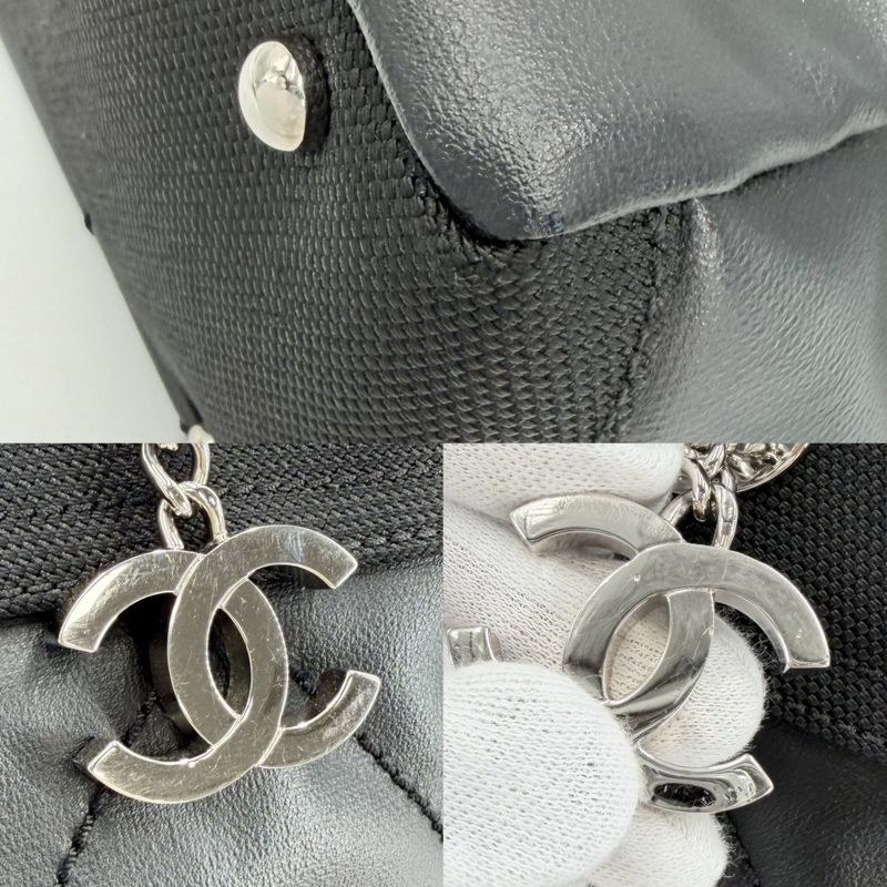 Chanel Handbag Paris Biarritz Tote PM CC Logo Canvas Leather Black Silver