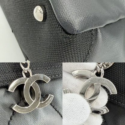 Chanel Handbag Paris Biarritz Tote PM CC Logo Canvas Leather Black Silver
