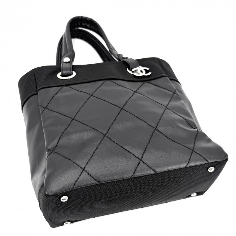 Chanel Handbag Paris Biarritz Tote PM CC Logo Canvas Leather Black Silver