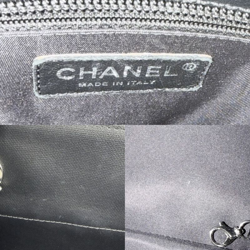 Chanel Handbag Paris Biarritz Tote PM CC Logo Canvas Leather Black Silver
