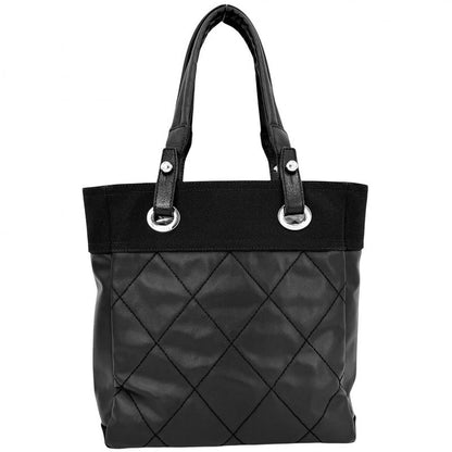 Chanel Handbag Paris Biarritz Tote PM CC Logo Canvas Leather Black Silver