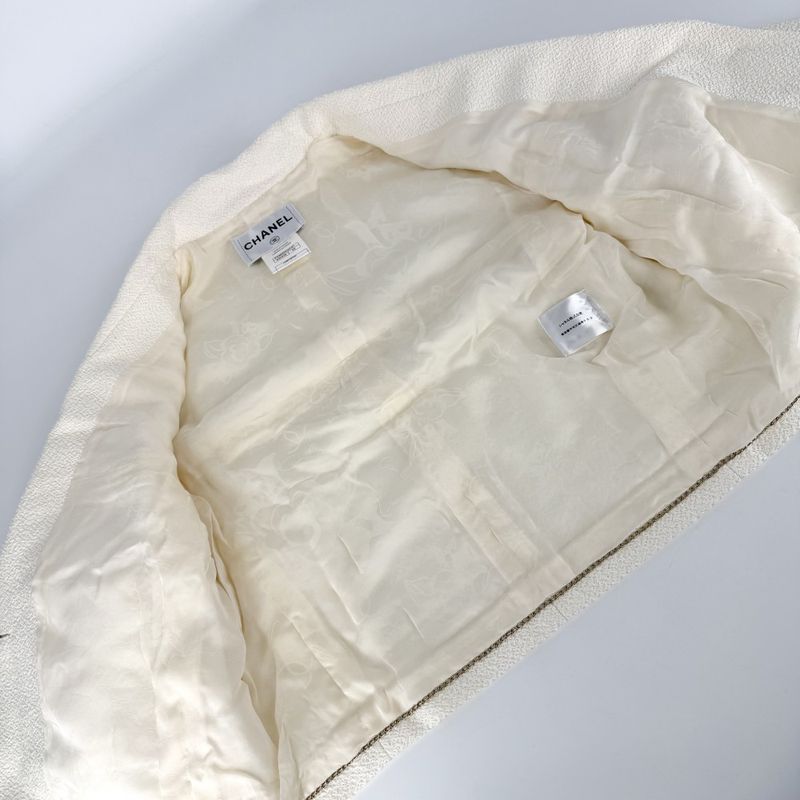 Chanel Logo Button Pearl Jacket 42 Ivory Gold Cotton Silk