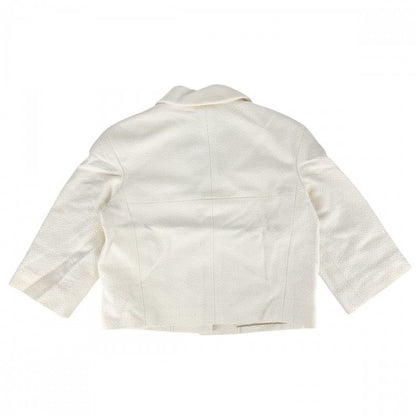 Chanel Logo Button Pearl Jacket 42 Ivory Gold Cotton Silk
