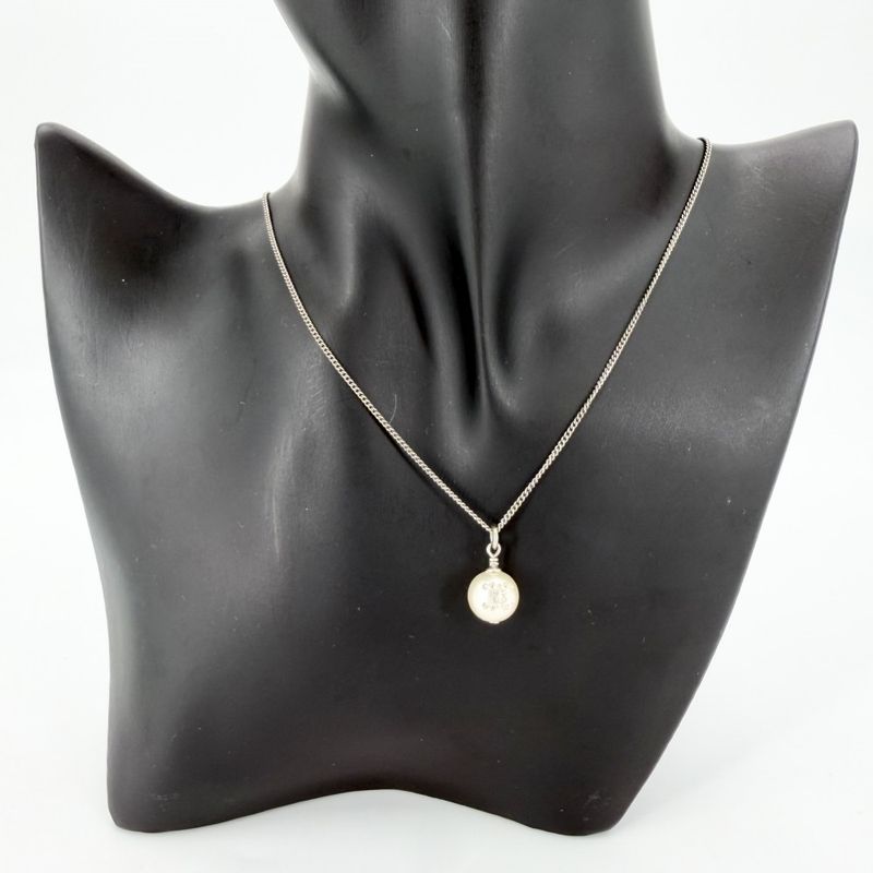 Chanel Necklace CC Logo Chain Faux Pearl Line Stone White Silver