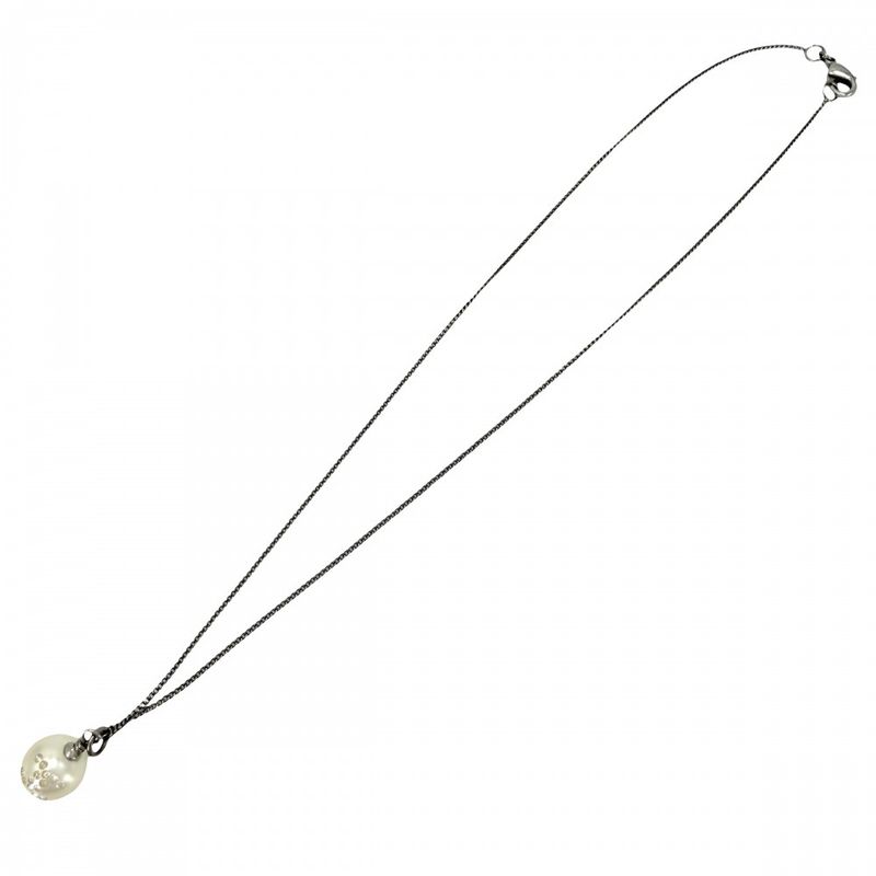 Chanel Necklace CC Logo Chain Faux Pearl Line Stone White Silver
