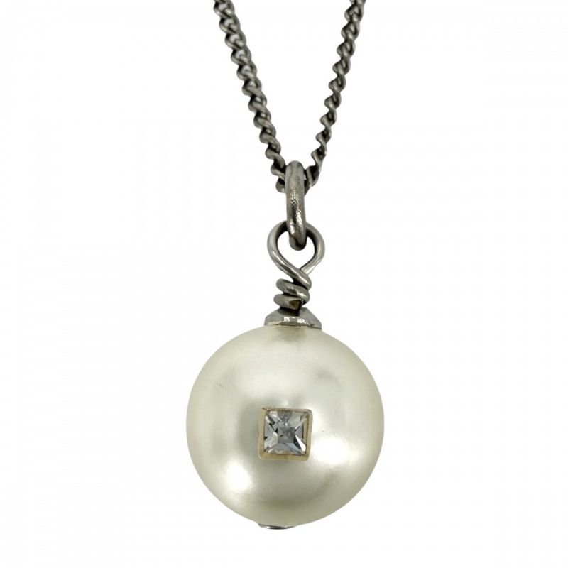 Chanel Necklace CC Logo Chain Faux Pearl Line Stone White Silver