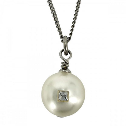 Chanel Necklace CC Logo Chain Faux Pearl Line Stone White Silver