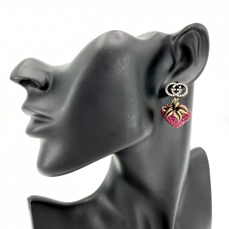 Gucci Earrings Strawberry Motif Interlocking Line Stone Pink Gold