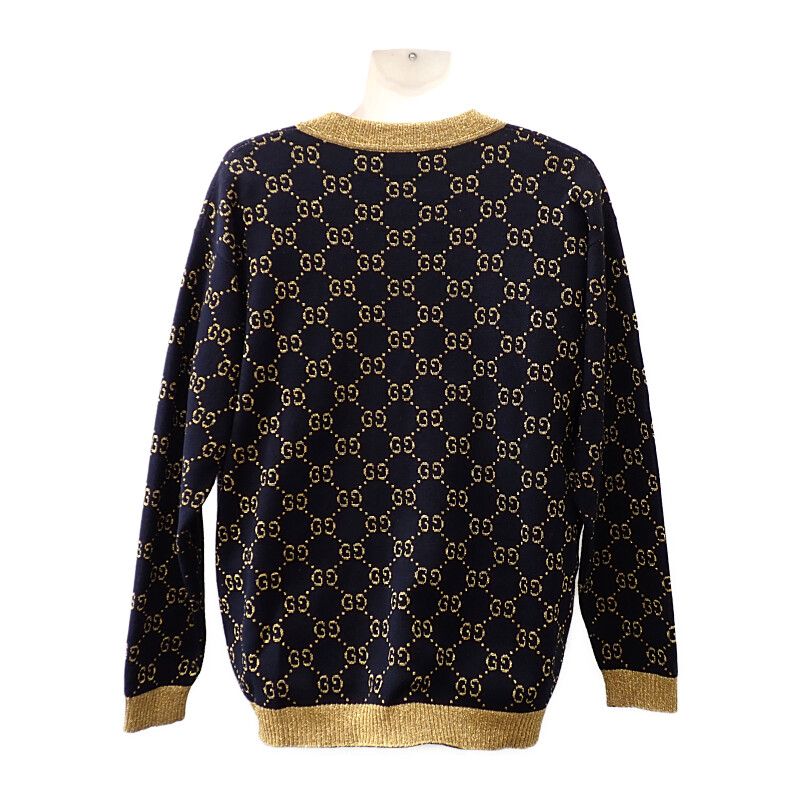Gucci GG Cotton Lam Fabric M Cardigan Navy Gold