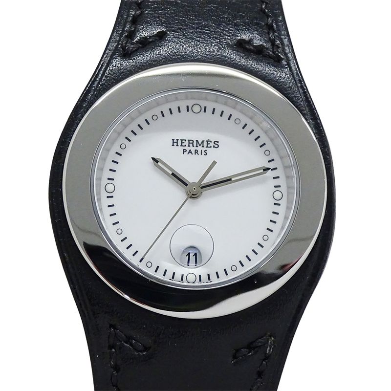 Hermes Watch Ane Date Quartz Stainless Steel Leather White Black Polished