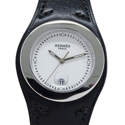 Hermes Watch Ane Date Quartz Stainless Steel Leather White Black Polished