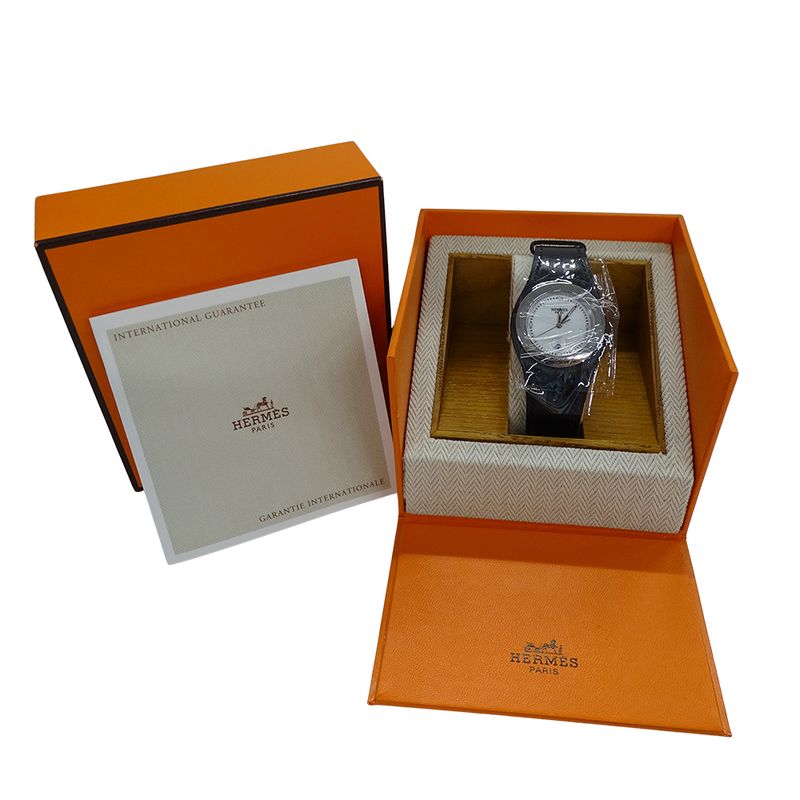 Hermes Watch Ane Date Quartz Stainless Steel Leather White Black Polished