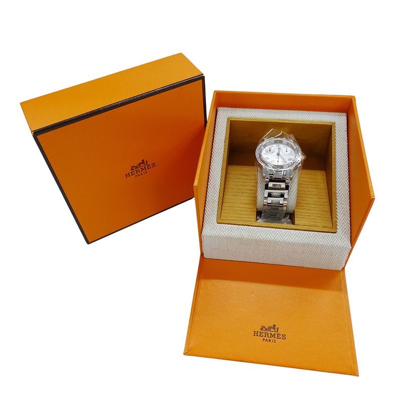 Hermes Watch Clipper Chronograph Pink Shell Quartz Stainless Steel Silver