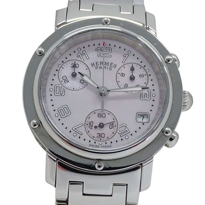 Hermes Watch Clipper Chronograph Pink Shell Quartz Stainless Steel Silver