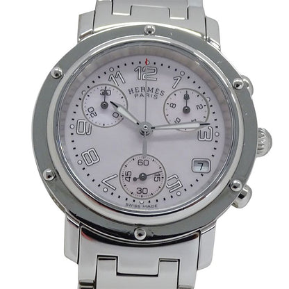 Hermes Watch Clipper Chronograph Pink Shell Quartz Stainless Steel Silver