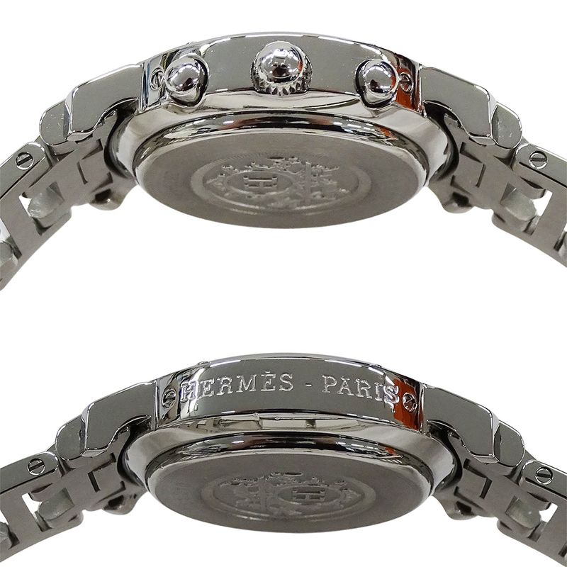 Hermes Watch Clipper Chronograph Pink Shell Quartz Stainless Steel Silver