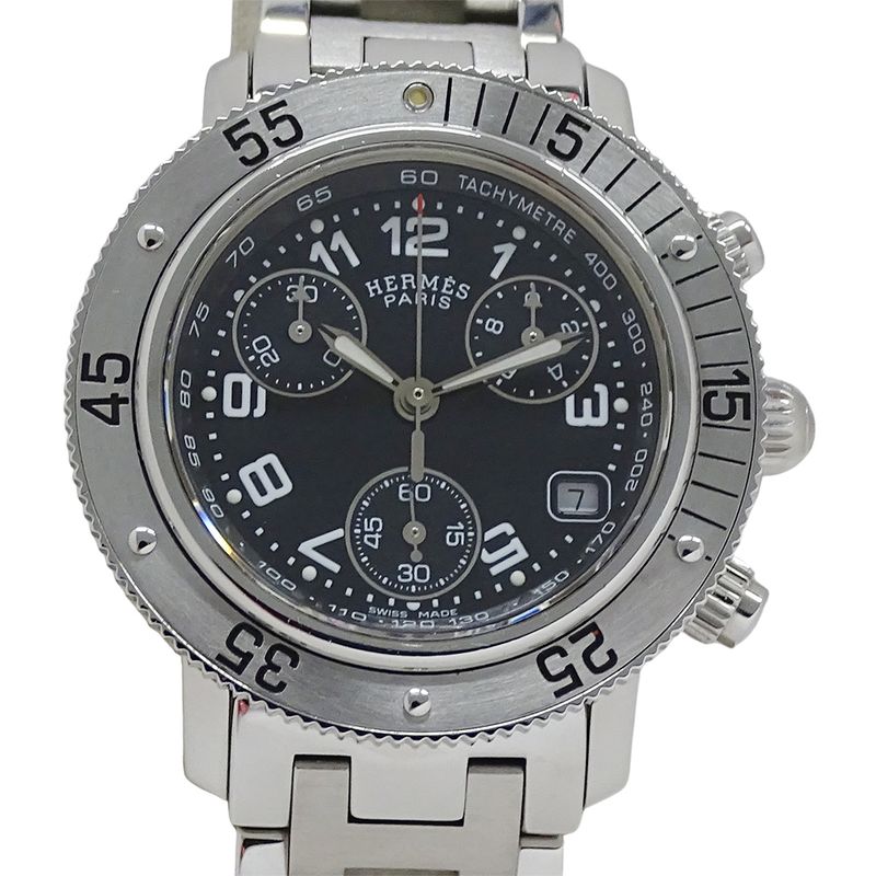 Hermes Watch Clipper Diver Chronograph Date Quartz Stainless Steel Silver Black