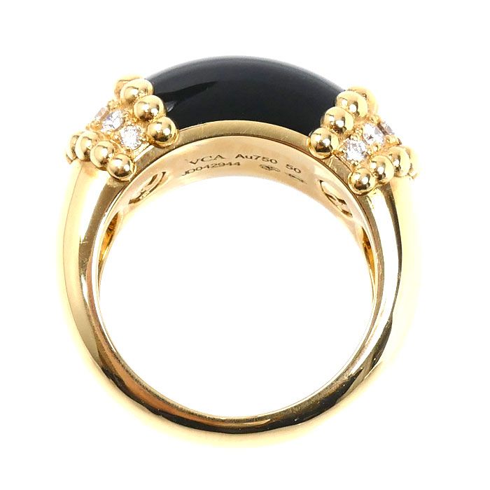 Van Cleef & Arpels 18k Yellow Gold Perlee Coule Ring Diamond Onyx