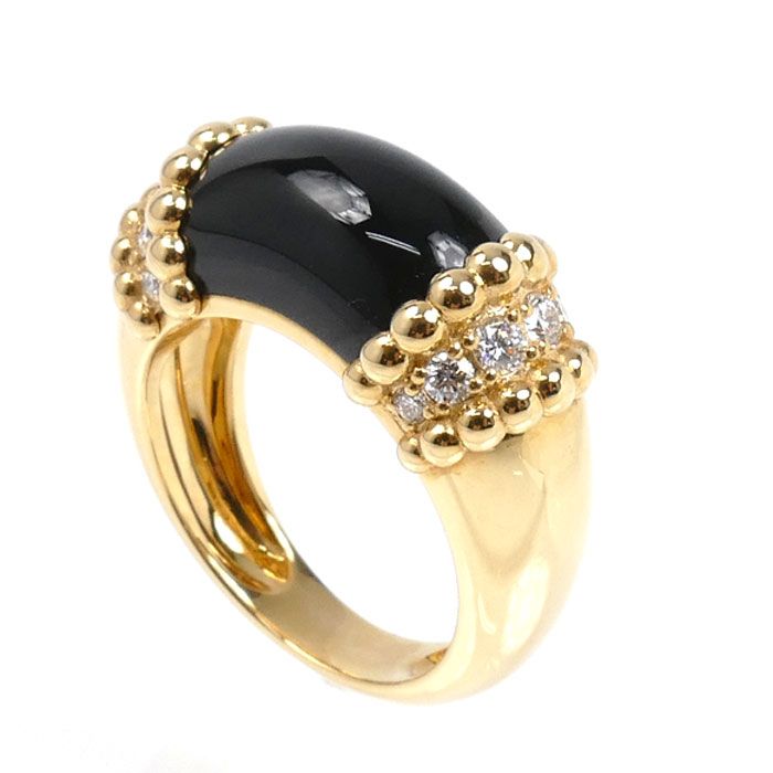 Van Cleef & Arpels 18k Yellow Gold Perlee Coule Ring Diamond Onyx