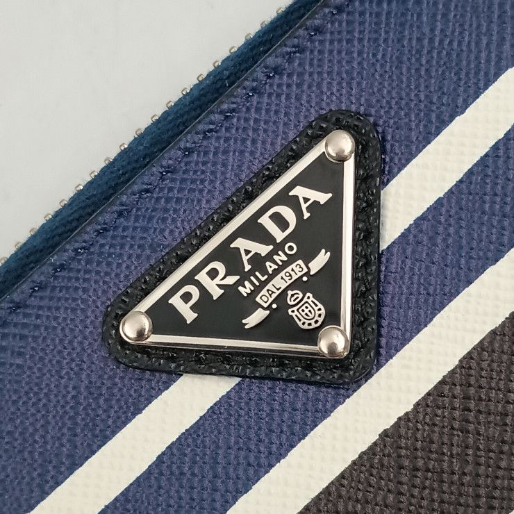 Prada Coin Case Triangle Logo 2 mm 003 Blue Black White Saffiano Baiade Zip