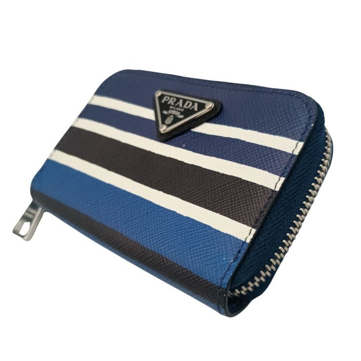 Prada Coin Case Triangle Logo 2 mm 003 Blue Black White Saffiano Baiade Zip