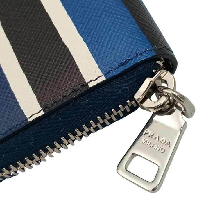 Prada Coin Case Triangle Logo 2 mm 003 Blue Black White Saffiano Baiade Zip