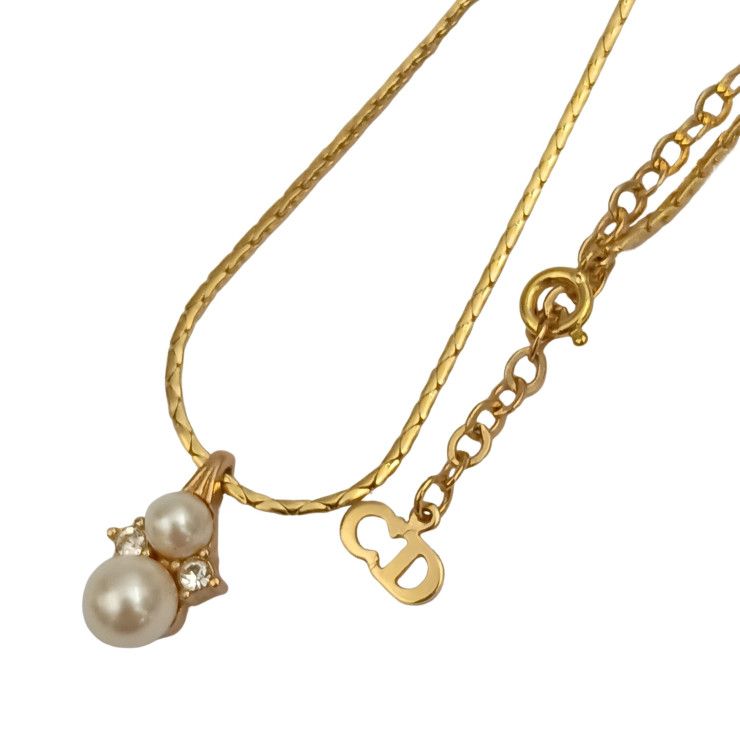 Dior Necklace Gold Metal Line Stone Faux Pearl