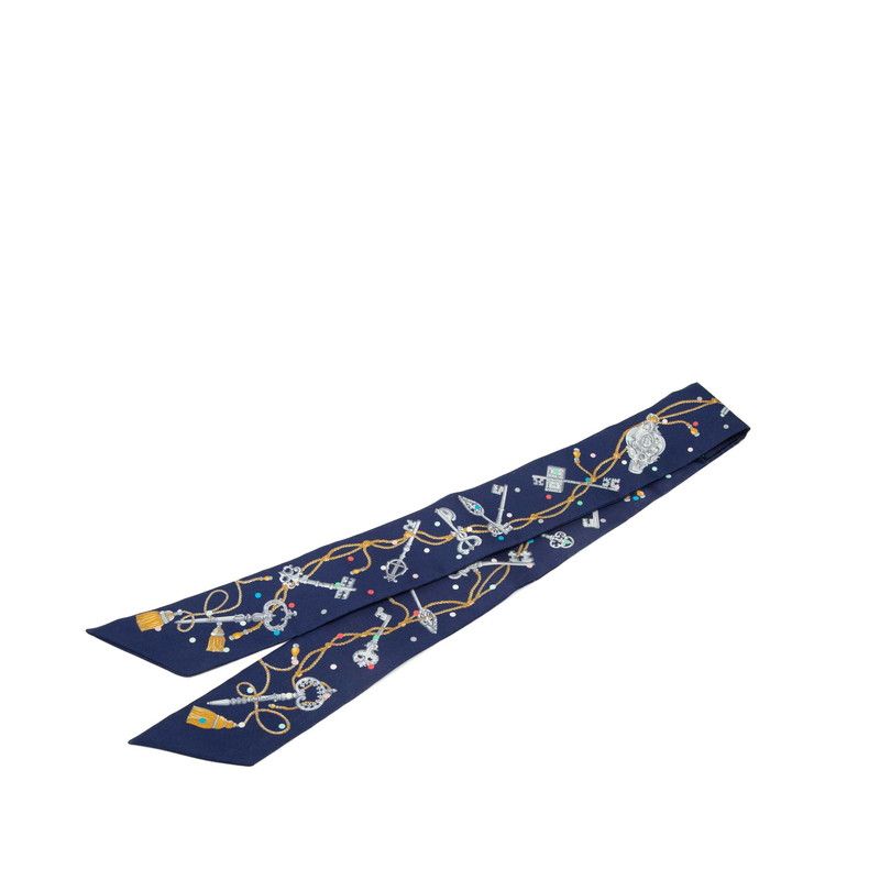 Hermes Twilly les Cles a Pois Scarf Navy Multicolor Silk