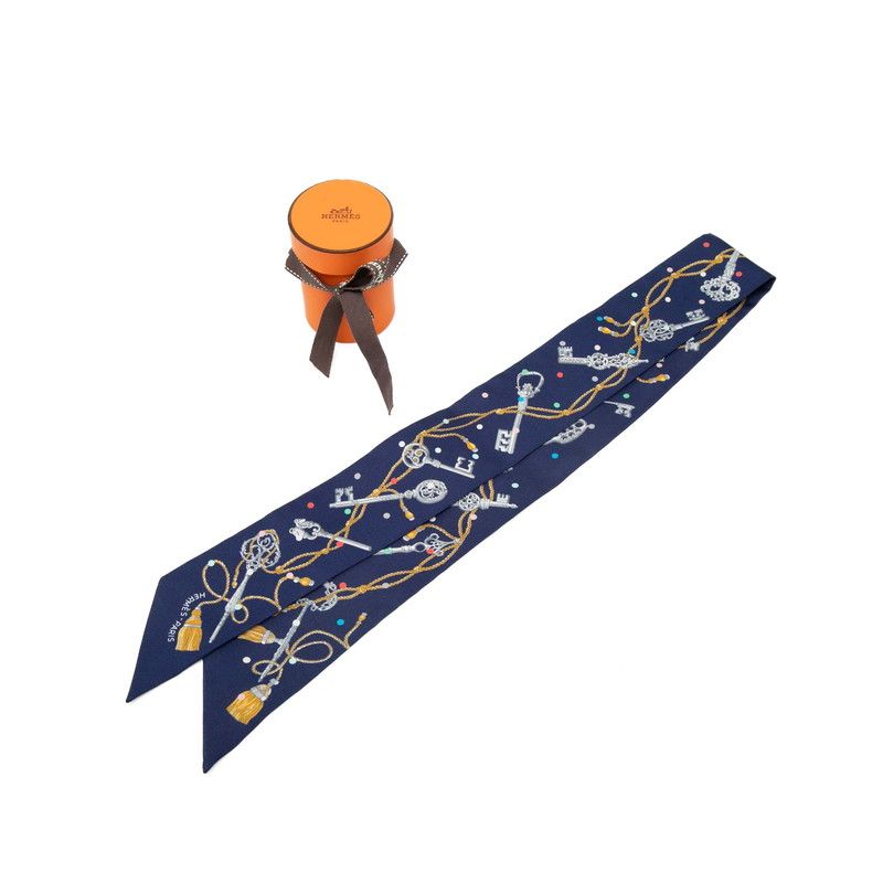 Hermes Twilly les Cles a Pois Scarf Navy Multicolor Silk
