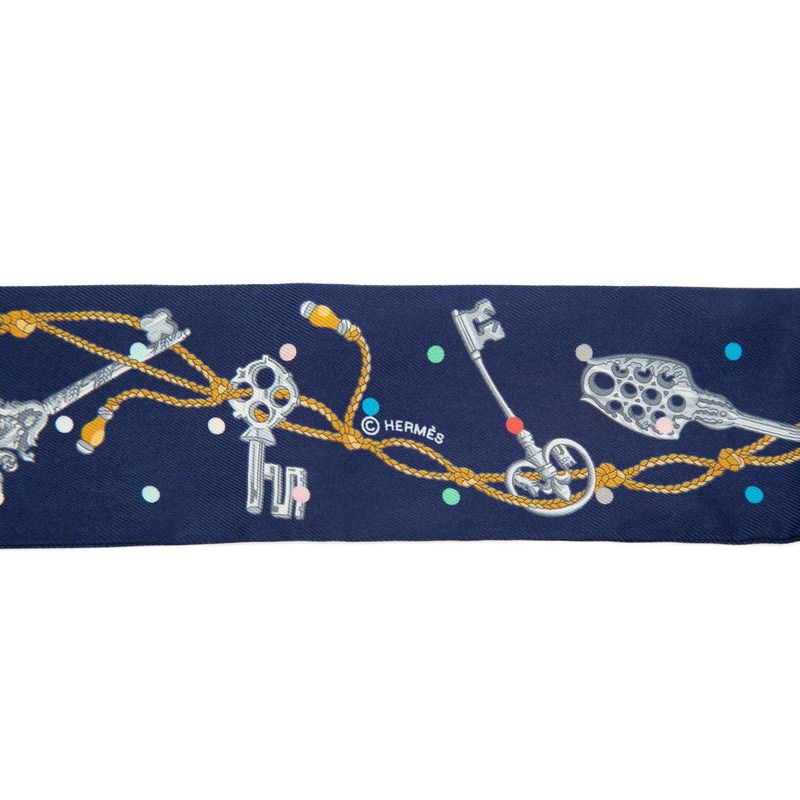Hermes Twilly les Cles a Pois Scarf Navy Multicolor Silk