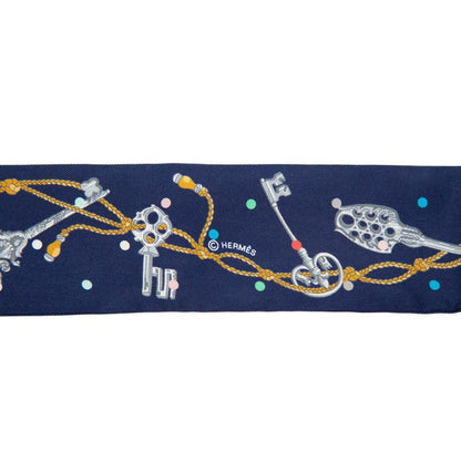 Hermes Twilly les Cles a Pois Scarf Navy Multicolor Silk