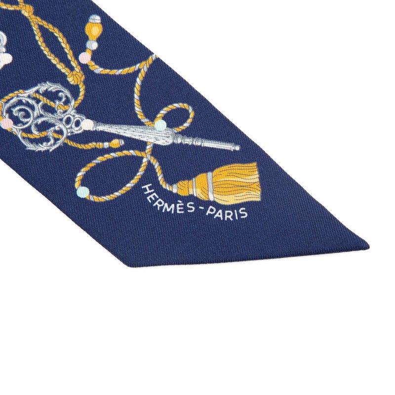 Hermes Twilly les Cles a Pois Scarf Navy Multicolor Silk