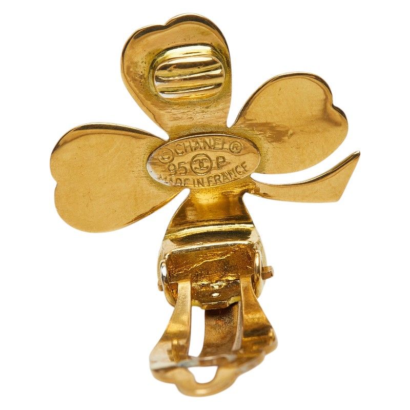 Chanel Clover Motif Earrings Gold Plated