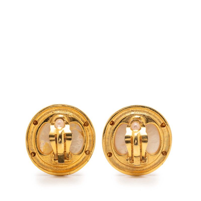 Chanel CC Logo Vintage Round Pearl Earrings Gold White Plated Faux