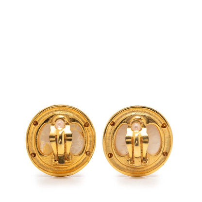 Chanel CC Logo Vintage Round Pearl Earrings Gold White Plated Faux