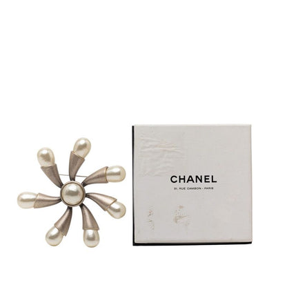 Chanel Brooch Silver Metal Faux Pearl