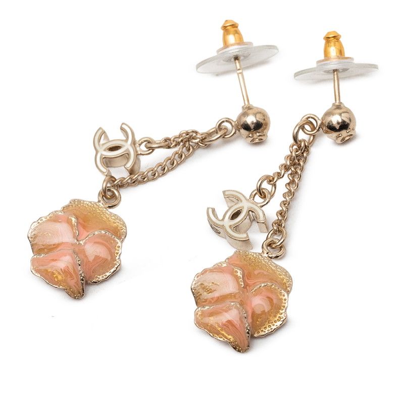 Chanel CC Logo Camellia Earrings Gold Orange Plated