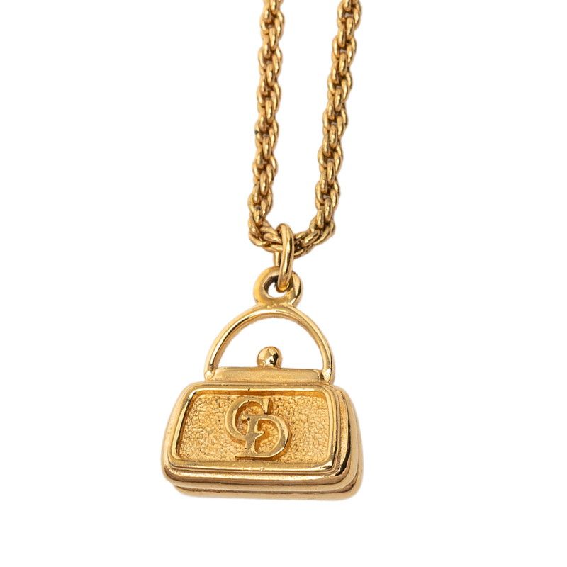 Dior Cdlogo Bag Motif Chain Pendant Necklace Gold Plated